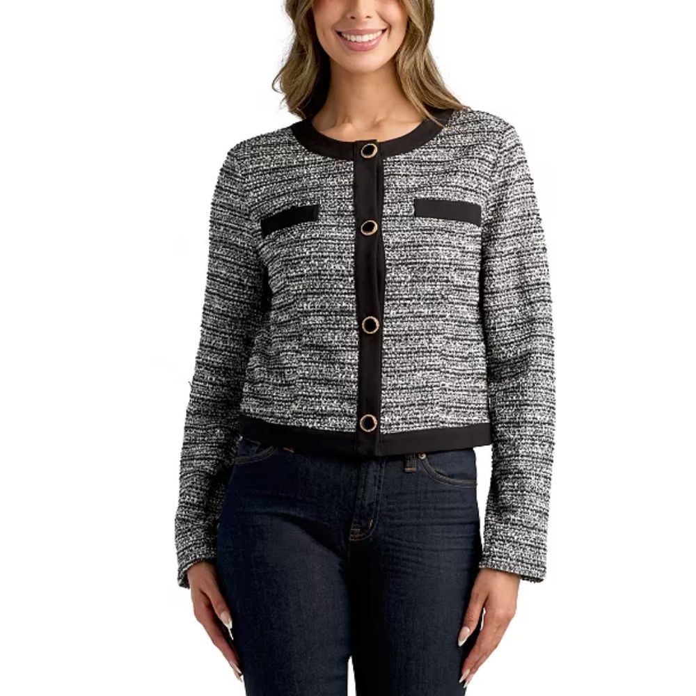 BCX Juniors' Bouclé Crop Button-Front Long-Sleeve Jacket S NWT $49